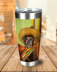 Personalized stainless steel tumbler with a custom dog portrait in a sombrero and Mexican attire.