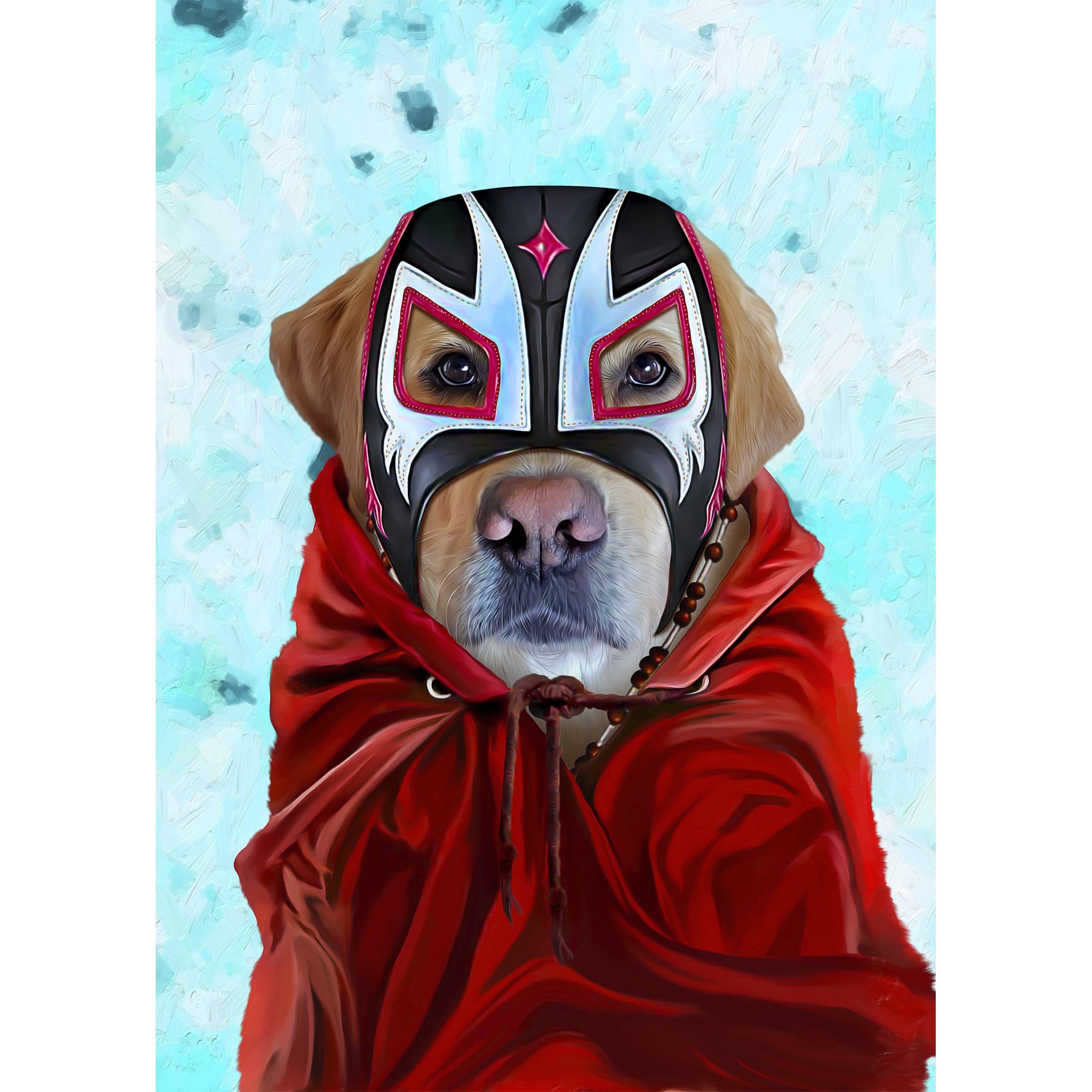 Custom digital portrait of a dog wearing a black, white, and pink luchador mask and red cape.
