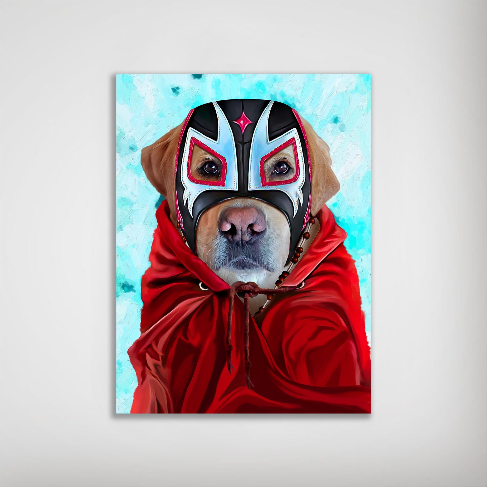 Golden Retriever dog in a black, white, and red Luchador mask and red cape on a blue background.