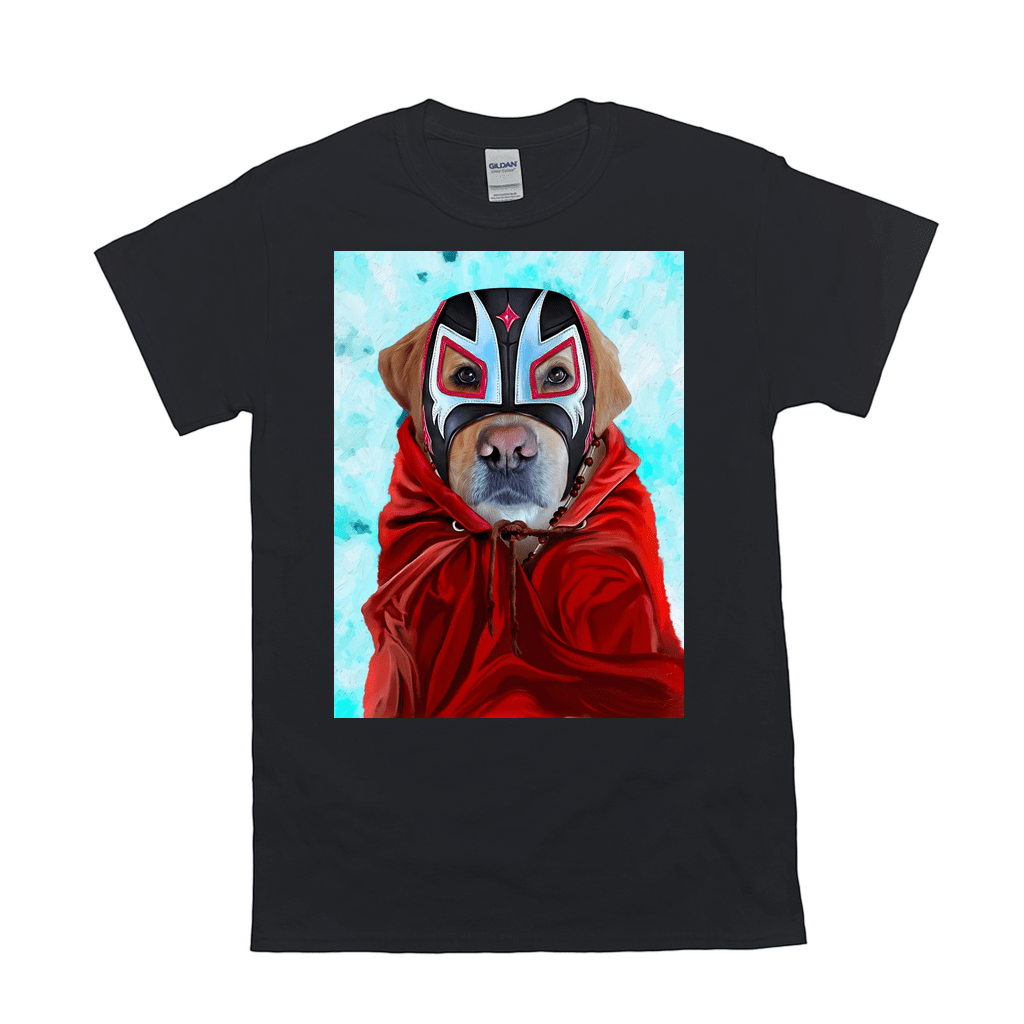 Black Gildan t-shirt featuring a personalized graphic of a dog wearing a red luchador mask and cape.