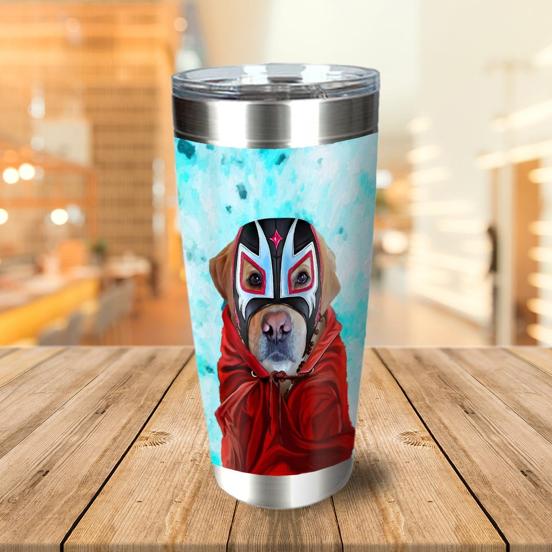 Personalized stainless steel tumbler with a custom dog portrait in a luchador mask and red cape.