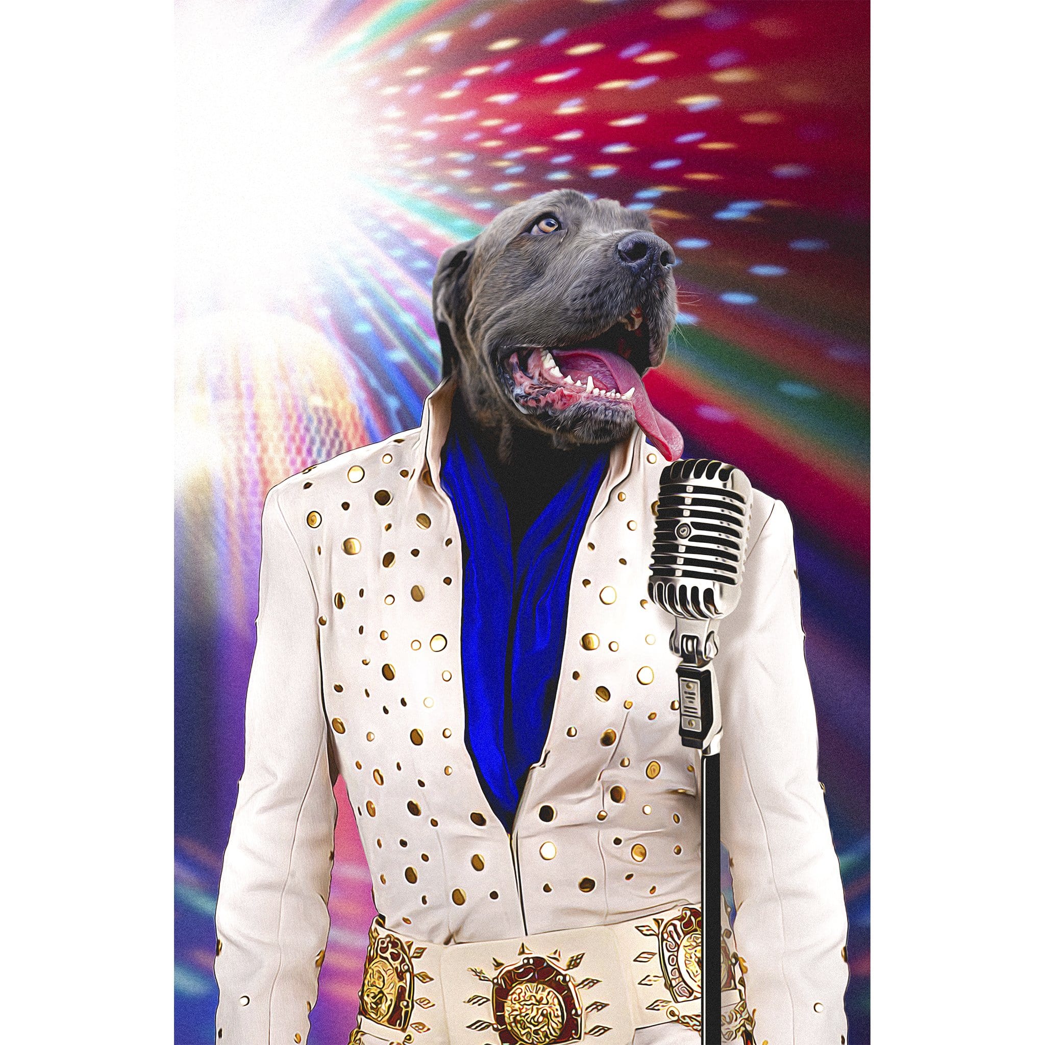 Custom digital portrait of a dog as Elvis Pawsley in a white jumpsuit with a disco background.