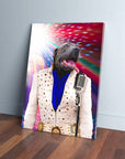 Personalized pet canvas featuring a gray dog as Elvis Pawsley in a white jumpsuit with a microphone.