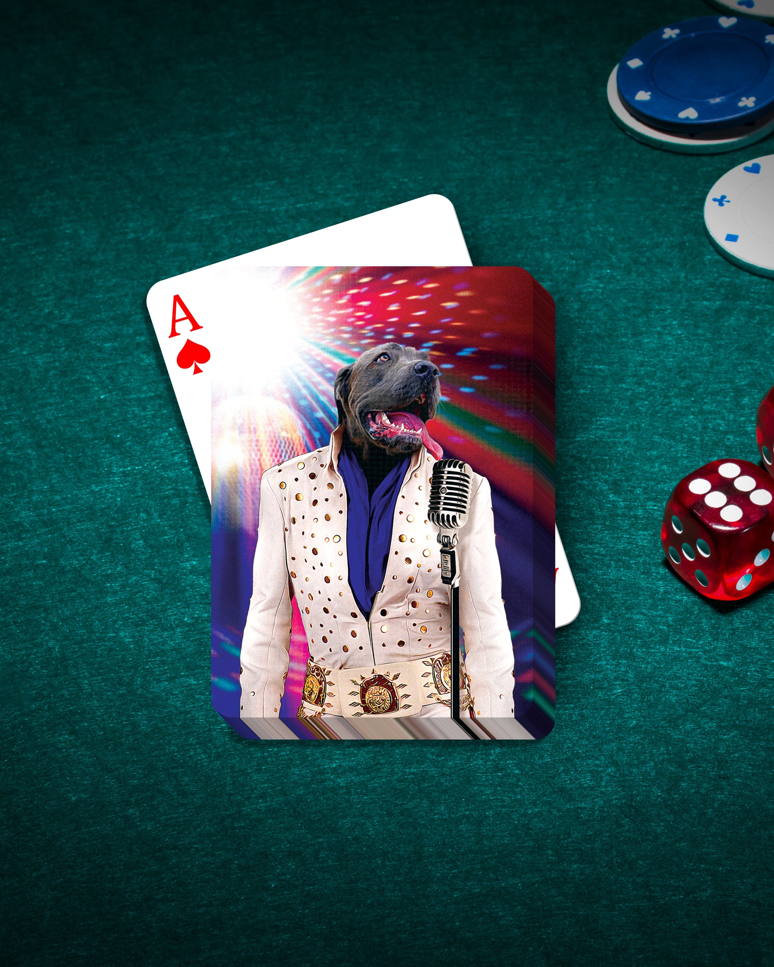 Personalized playing card featuring a dog in an "Elvis Pawsley" costume on a green poker table.