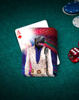 Personalized playing card featuring a dog in an "Elvis Pawsley" costume on a green poker table.