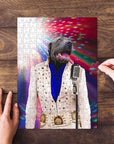 Personalized pet puzzle featuring a gray dog as Elvis Pawsley in a white jumpsuit with a microphone.