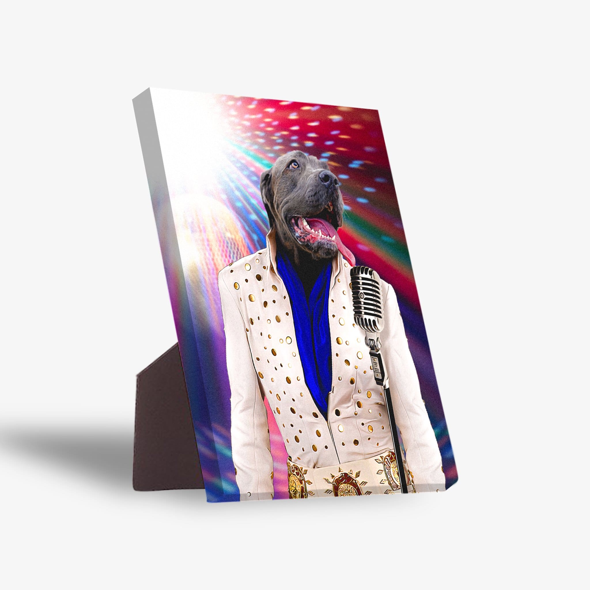 Personalized Elvis Pawsley pet standing canvas featuring a gray dog in a white jumpsuit with gold accents and a microphone.