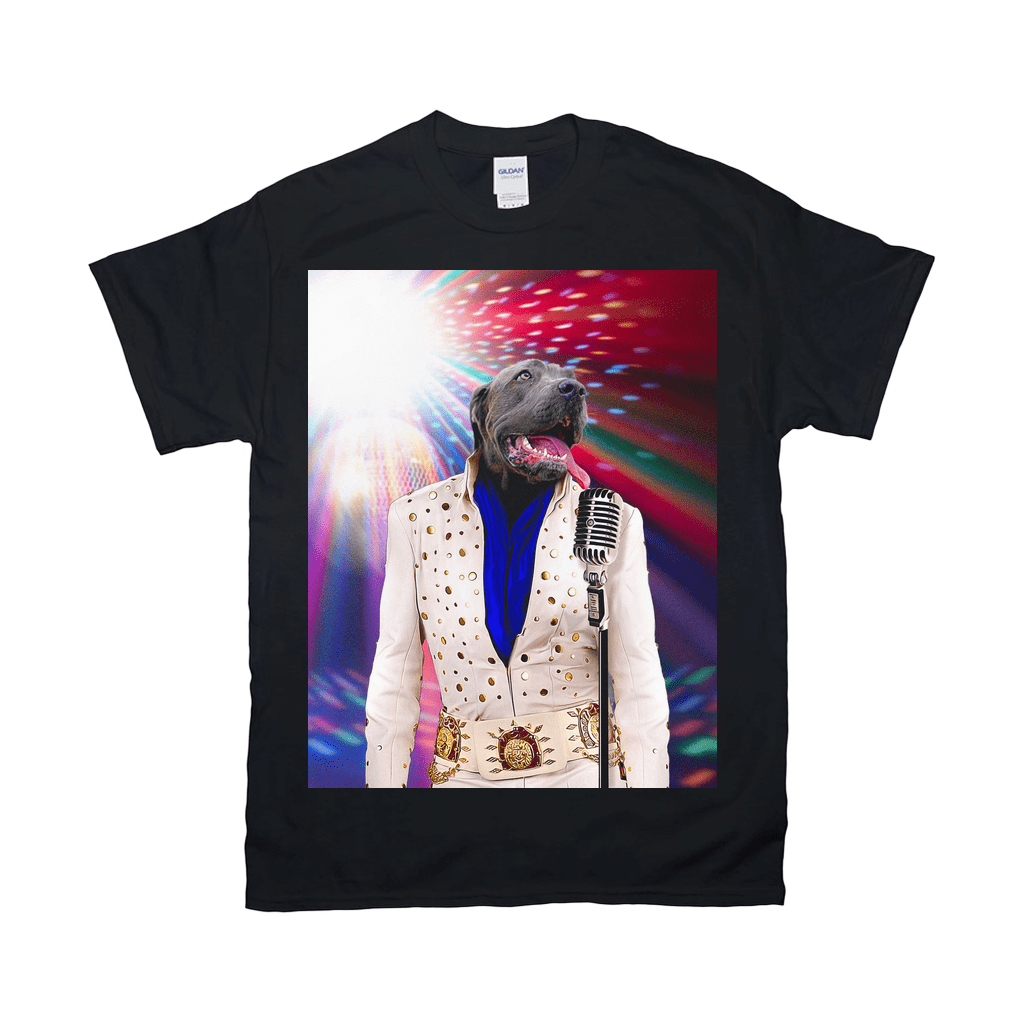 Black Gildan t-shirt featuring a personalized pet portrait of a dog dressed as Elvis Pawsley with a microphone.