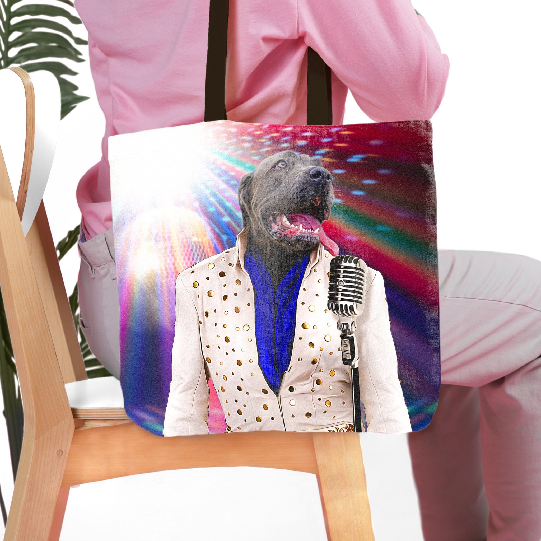 Personalized 'Elvis Pawsley' tote bag featuring a dog in a white jumpsuit with a microphone.