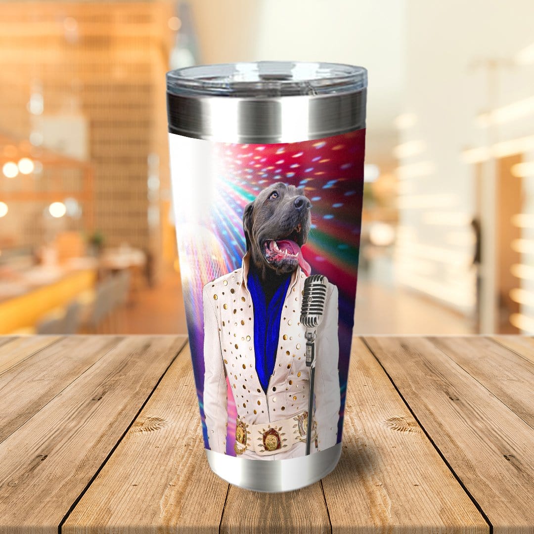 Personalized stainless steel tumbler with a custom dog portrait as Elvis Pawsley, holding a microphone.
