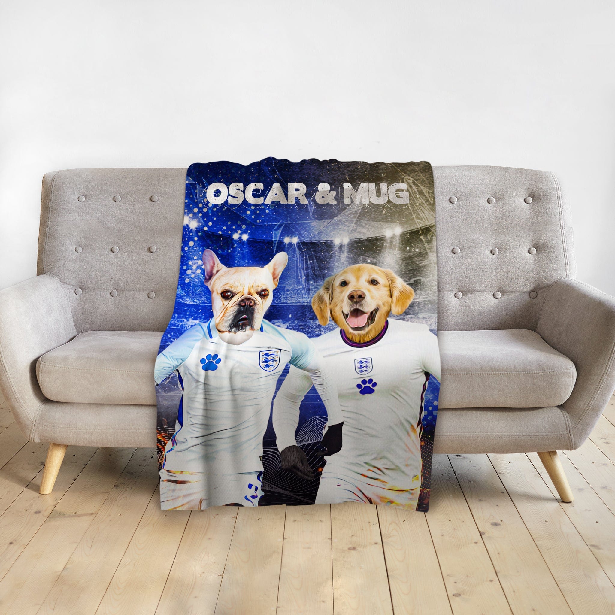 Personalized pet blanket with two dogs, a French Bulldog and a Golden Retriever, in England soccer jerseys.