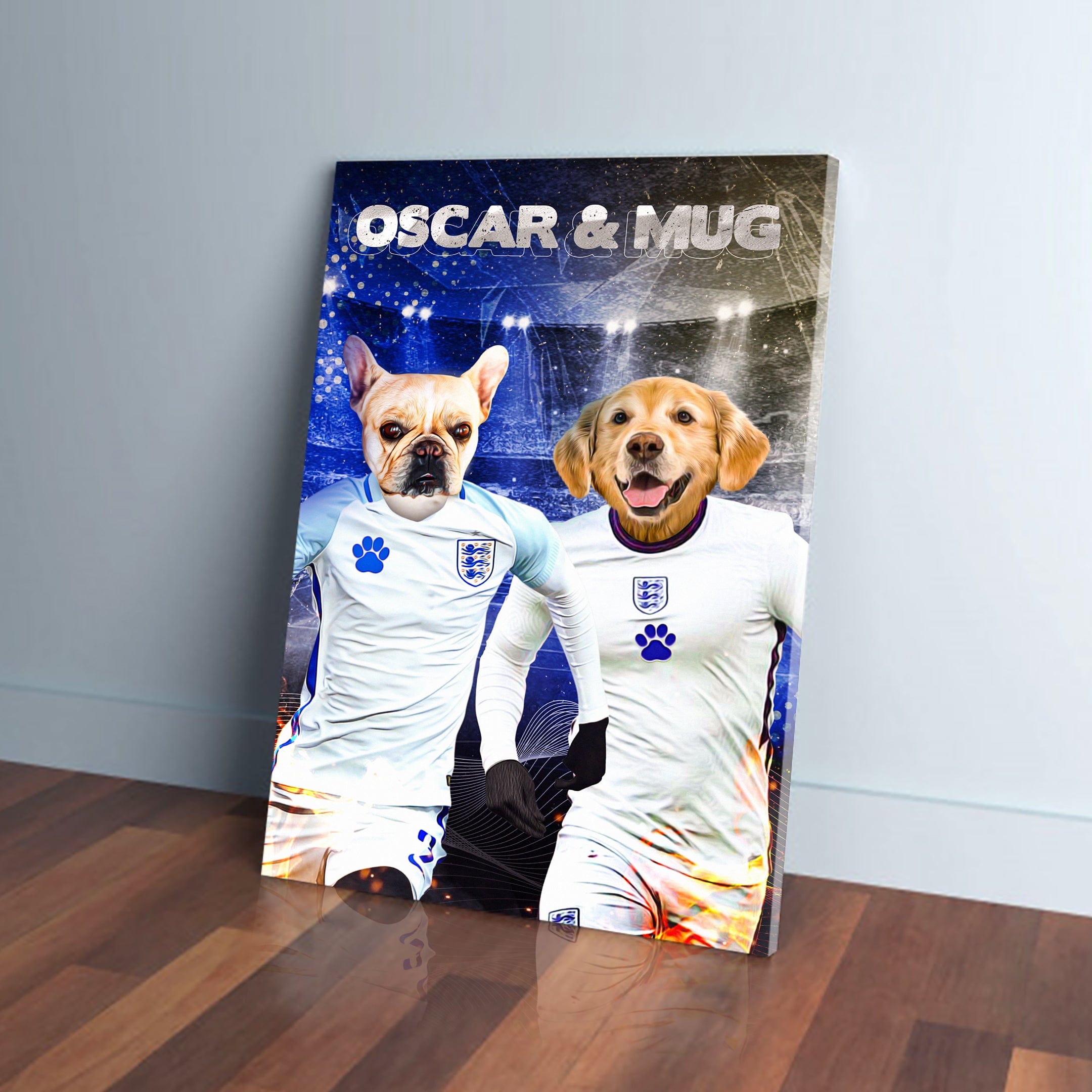 Personalized England Doggos canvas featuring a French Bulldog and Golden Retriever in white soccer jerseys.
