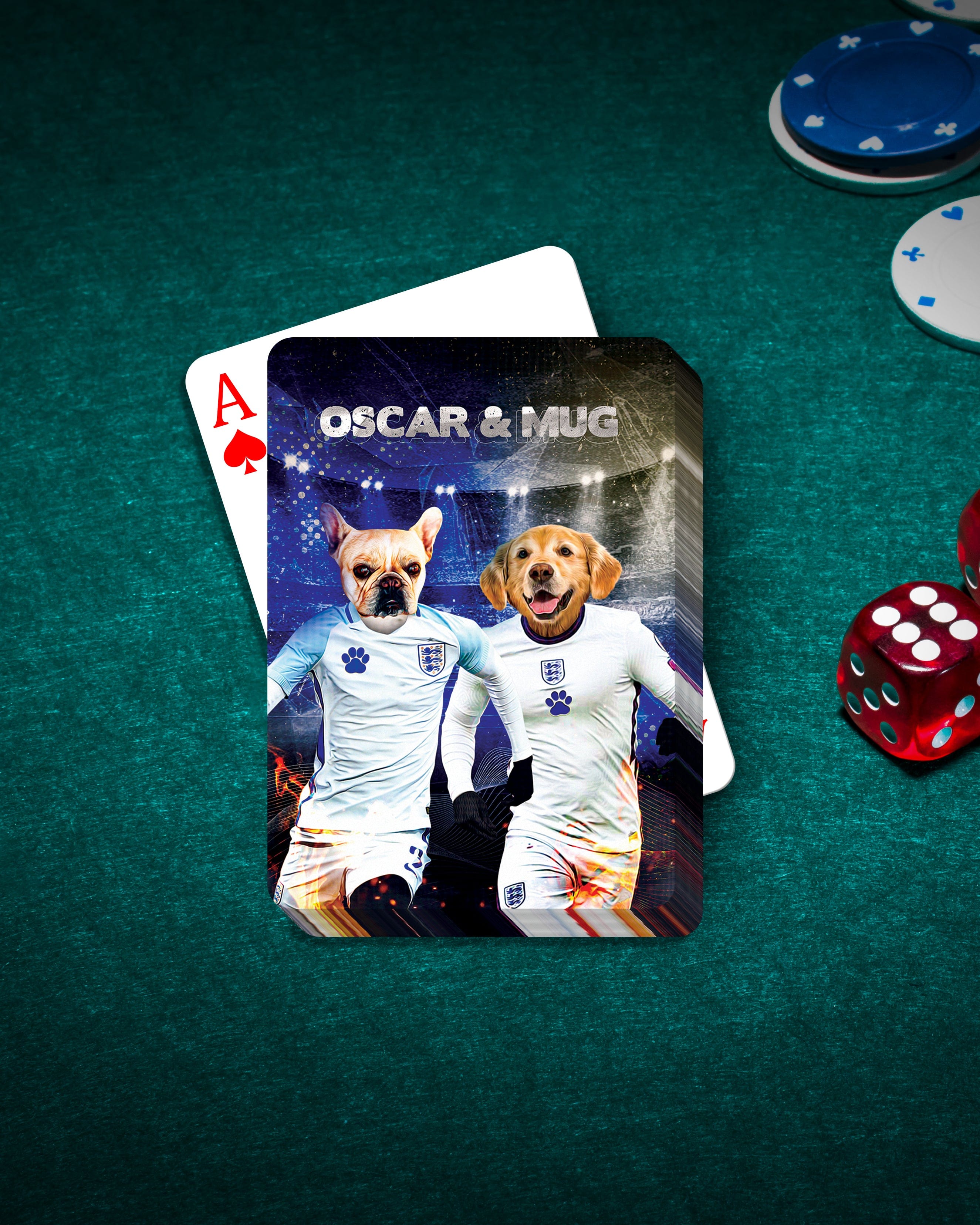 Personalized playing card featuring two dogs in England soccer jerseys, named Oscar & Mug.