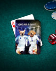 Personalized playing card featuring two dogs in England soccer jerseys, named Oscar & Mug.