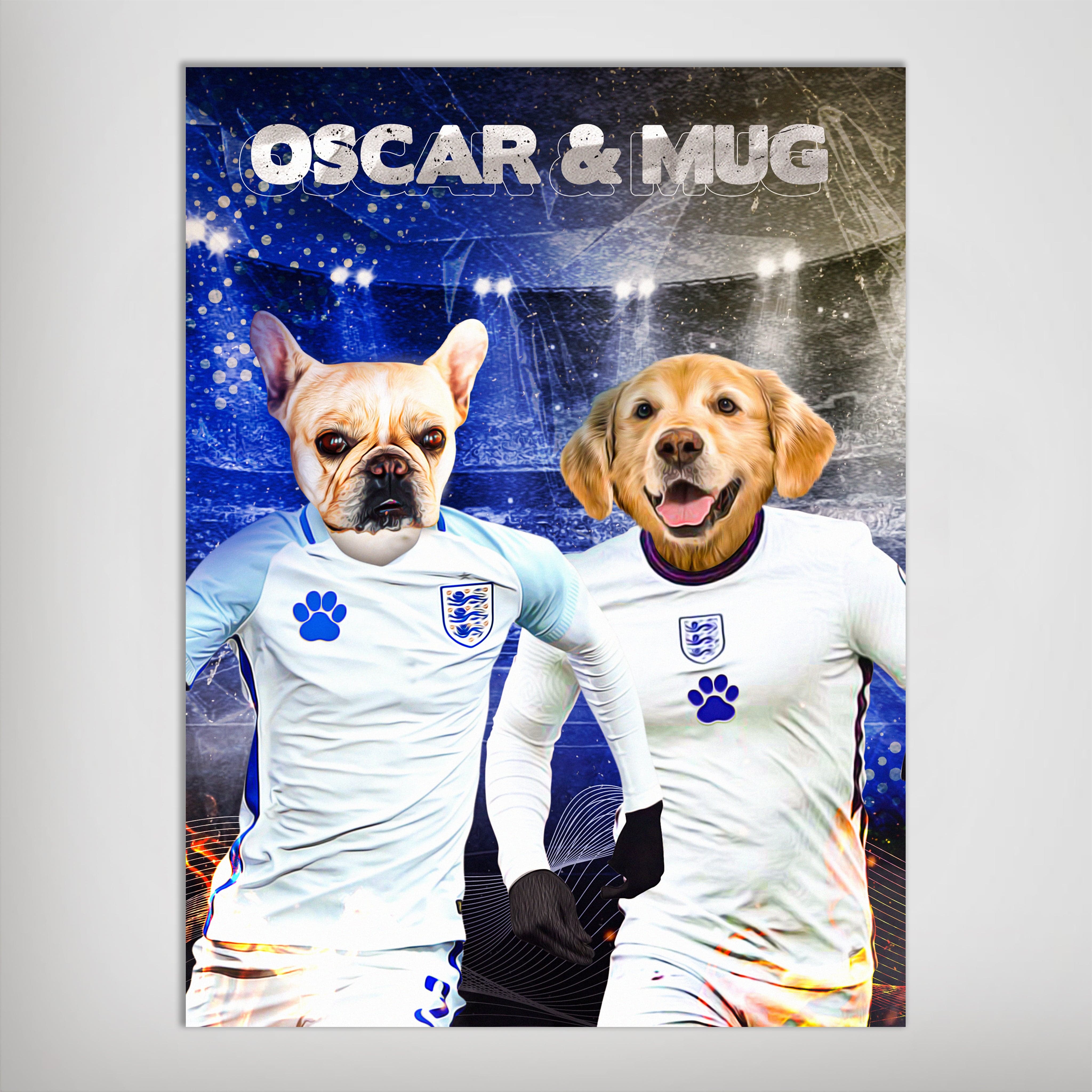 Personalized England Doggos poster featuring a French Bulldog and Golden Retriever in white soccer jerseys.