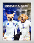 Personalized England Doggos poster featuring a French Bulldog and Golden Retriever in white soccer jerseys.