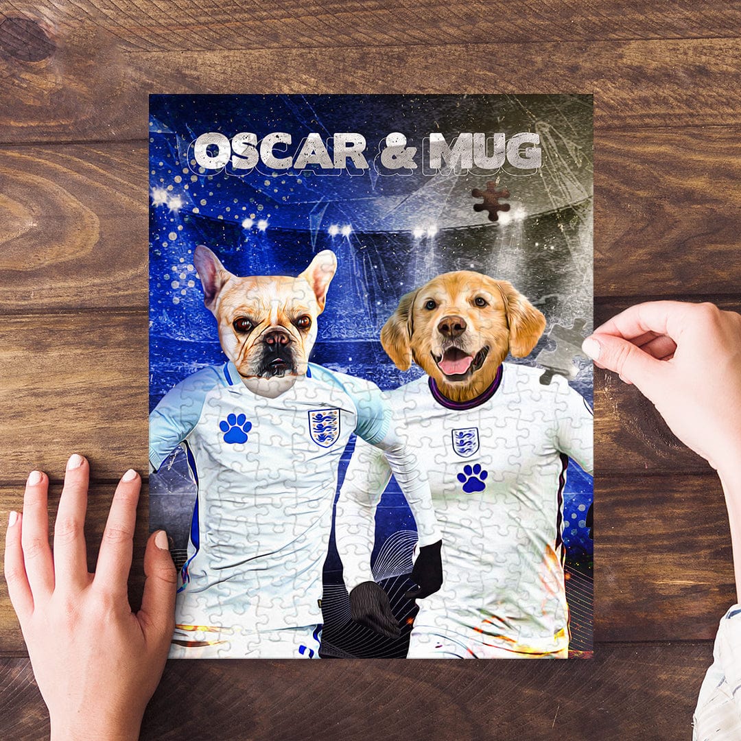 Personalized 2-pet puzzle featuring a French Bulldog and Golden Retriever in England soccer jerseys.