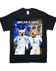 Black Gildan t-shirt featuring a personalized design of a French Bulldog and Golden Retriever in England soccer jerseys.