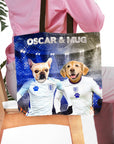 Personalized tote bag featuring two dogs, a French Bulldog and a Golden Retriever, in England soccer jerseys.