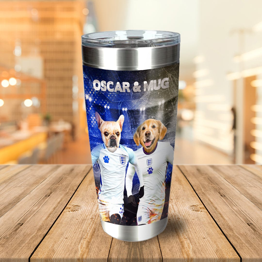 Personalized stainless steel tumbler with two dogs in England soccer jerseys, "Oscar & Mug" text.