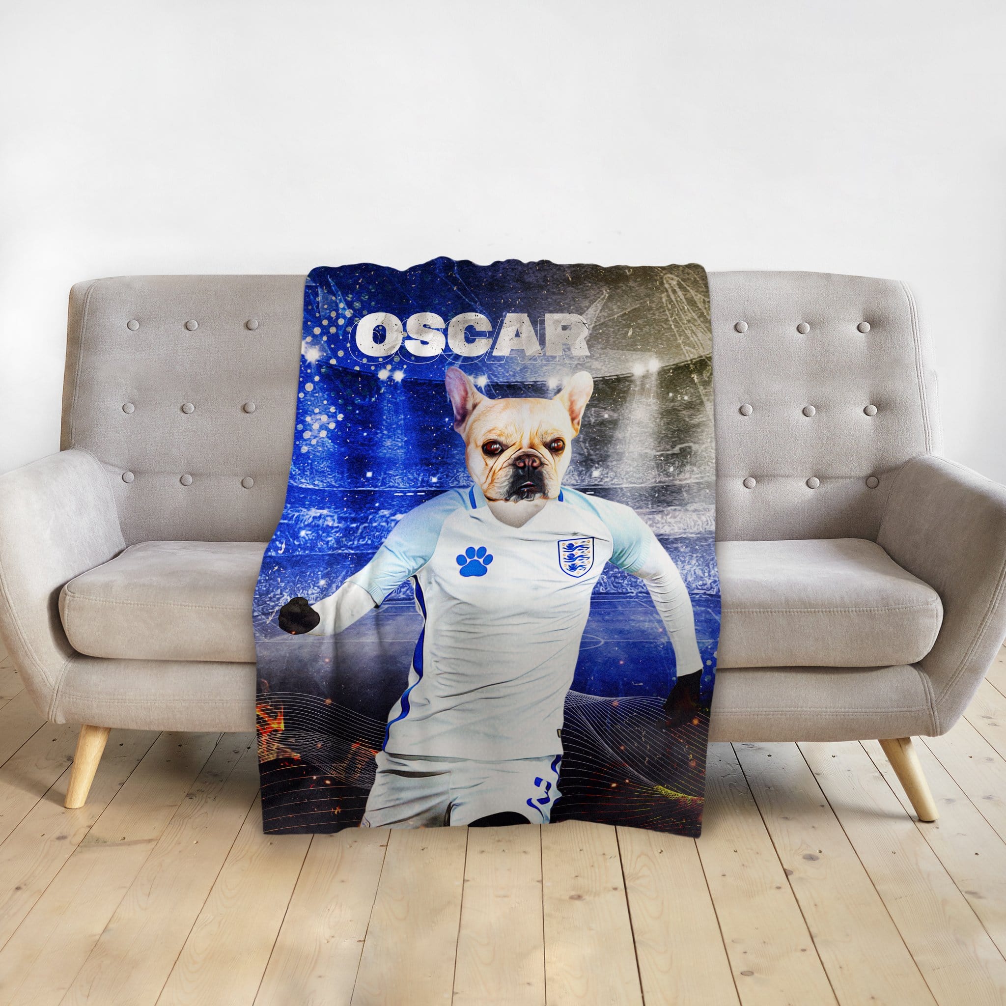 Personalized pet blanket with a French Bulldog in an England soccer uniform, name "OSCAR" above.