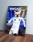 Personalized pet canvas featuring a French Bulldog in an England soccer kit, named 'Oscar'.