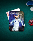 Personalized playing card featuring a French Bulldog in an England soccer uniform, named Oscar.
