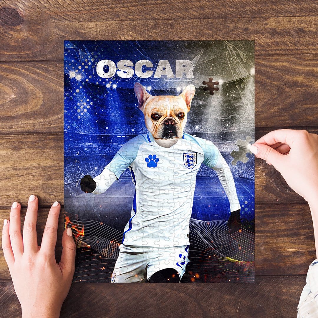 Personalized England soccer dog puzzle featuring a French Bulldog in a white jersey.