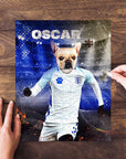 Personalized England soccer dog puzzle featuring a French Bulldog in a white jersey.