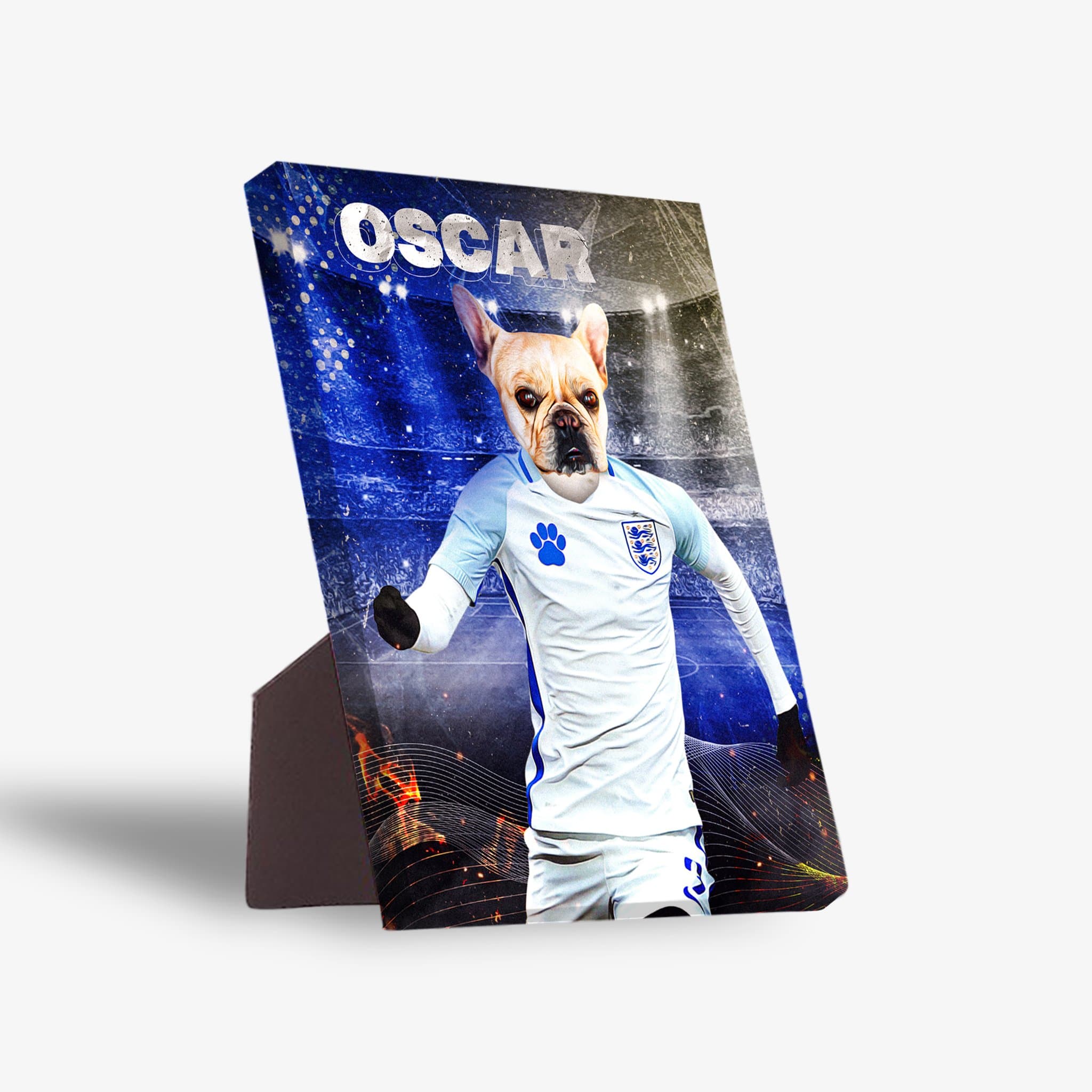 Personalized pet standing canvas featuring a French Bulldog in an England soccer uniform with "OSCAR" above.