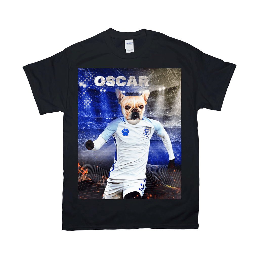 Black Gildan unisex t-shirt featuring a personalized French bulldog in an England soccer uniform, named "Oscar.