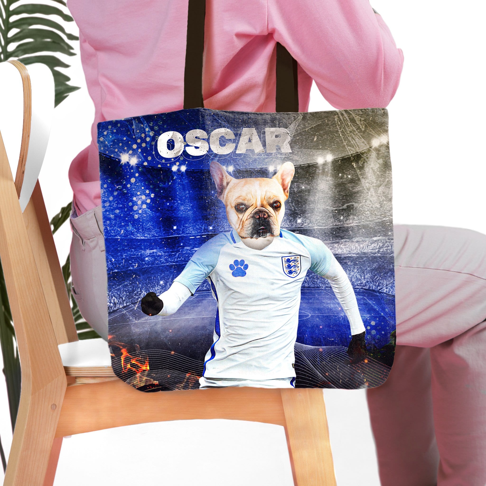 Personalized tote bag with a French Bulldog pet portrait in an England soccer uniform, named "OSCAR".