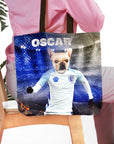 Personalized tote bag with a French Bulldog pet portrait in an England soccer uniform, named "OSCAR".