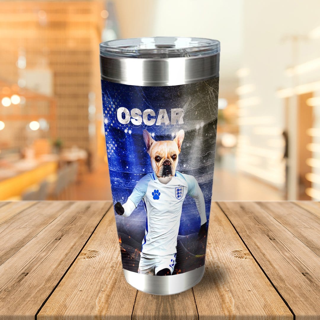 Personalized stainless steel tumbler with a French Bulldog in an England soccer uniform, named Oscar.