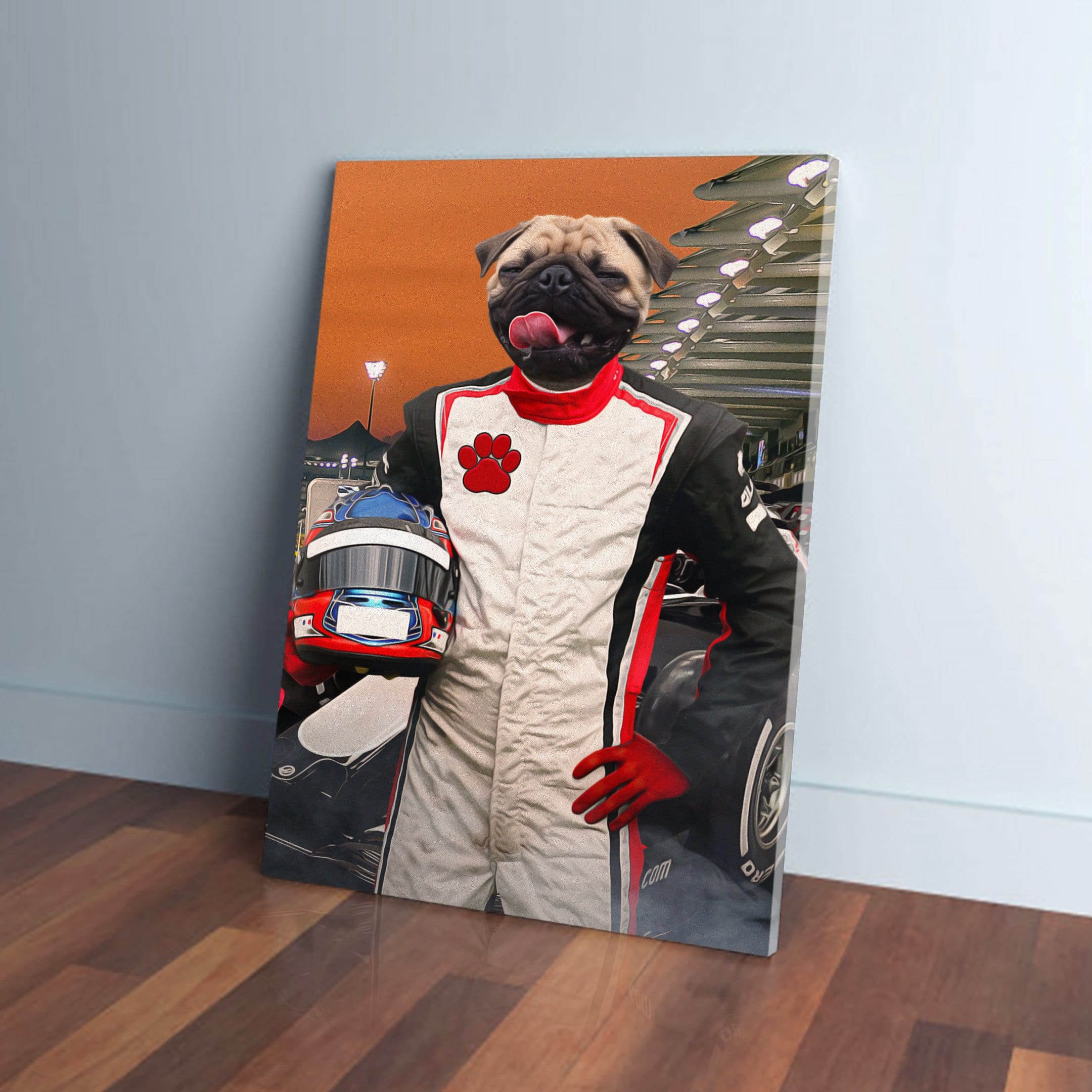 Personalized F1-Paw pug pet canvas, a dog in a racing suit holding a helmet.