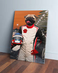 Personalized F1-Paw pug pet canvas, a dog in a racing suit holding a helmet.