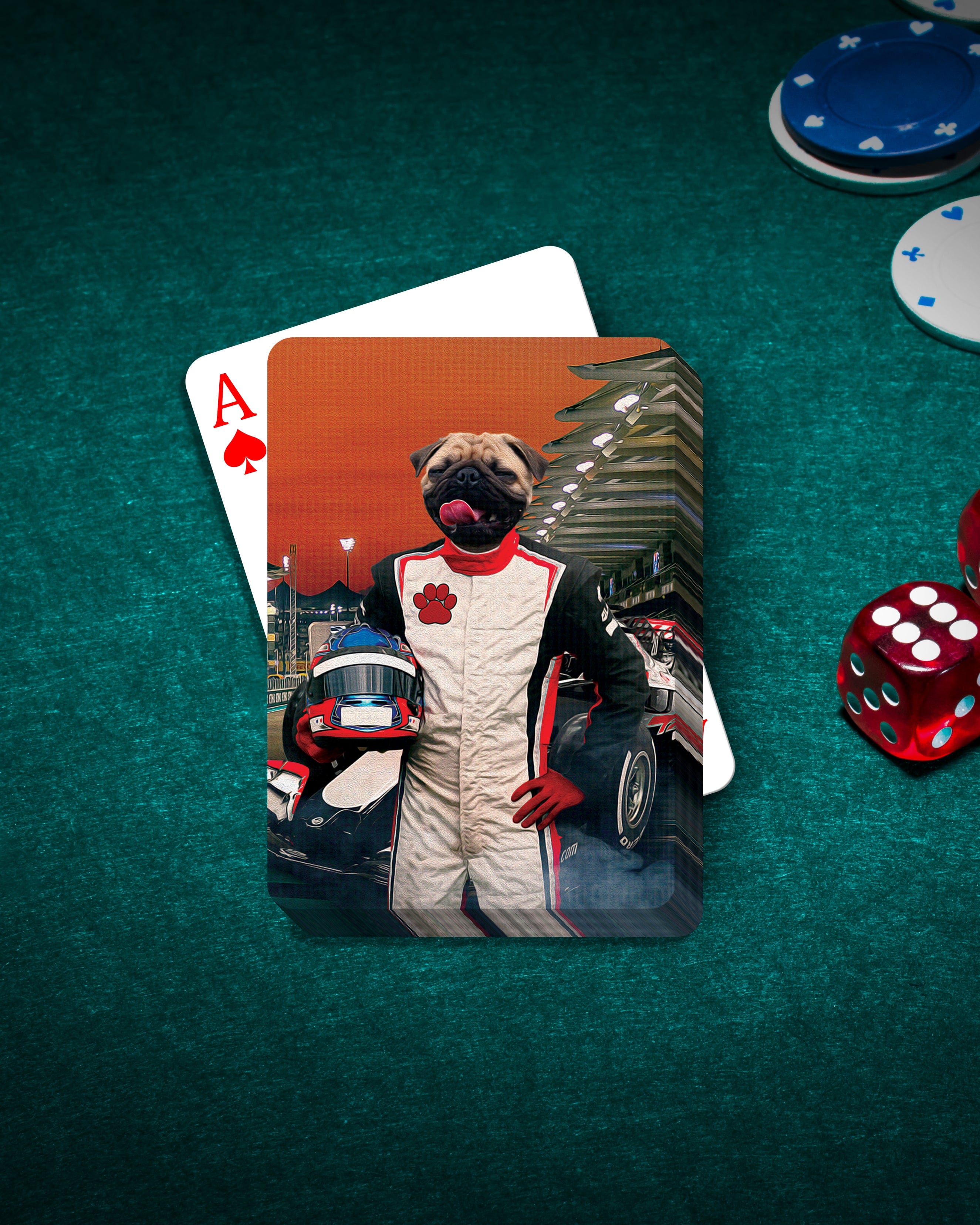 Custom F1-Paw personalized playing card featuring a pug in a race suit, on a green felt table.