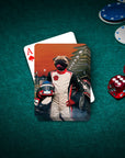 Custom F1-Paw personalized playing card featuring a pug in a race suit, on a green felt table.