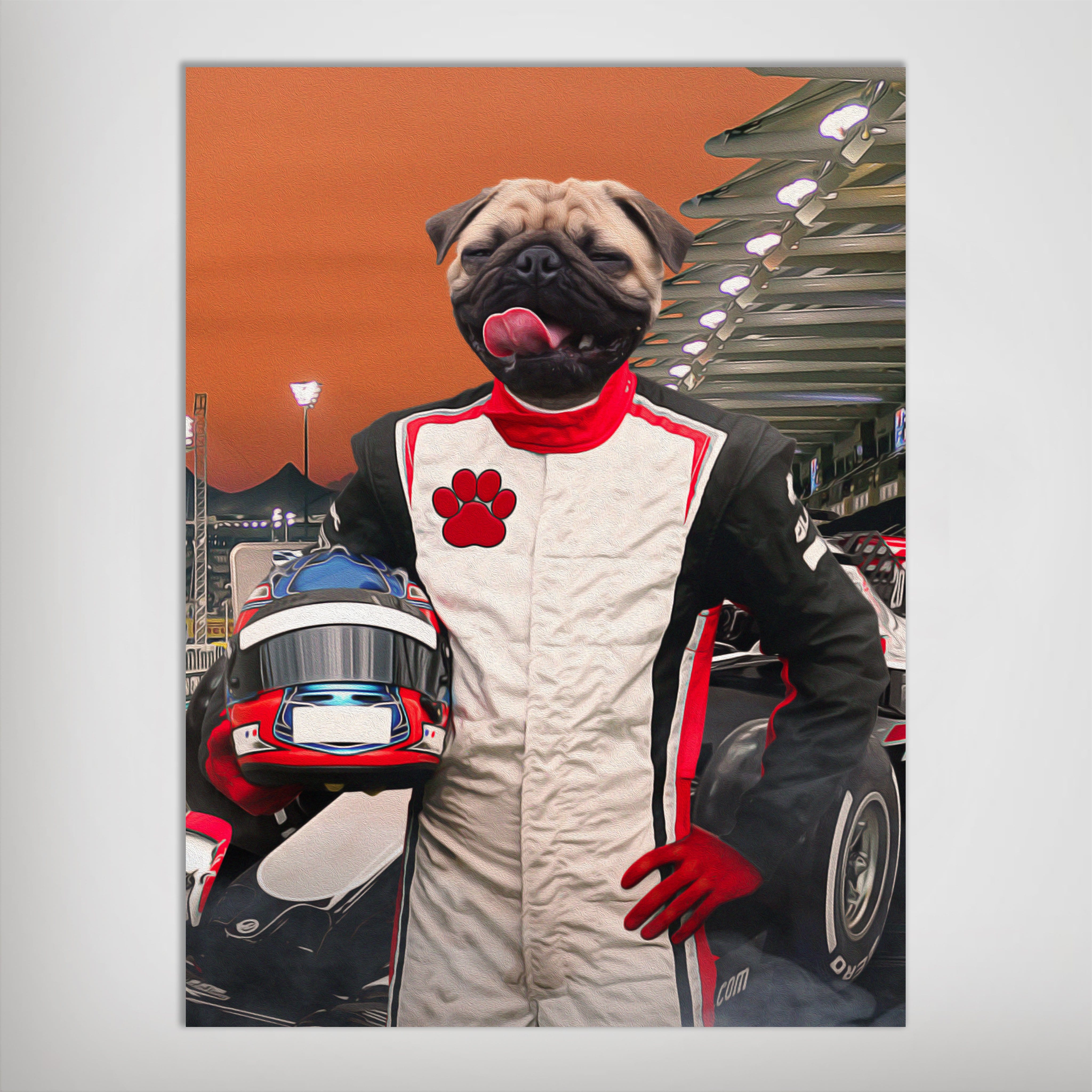 Personalized F1-Paw poster featuring a pug in a white, red, and black racing suit holding a helmet.