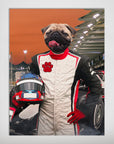 Personalized F1-Paw poster featuring a pug in a white, red, and black racing suit holding a helmet.