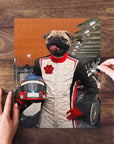 Personalized 'F1-Paw' pet puzzle featuring a pug in a race car driver suit, held by hands.