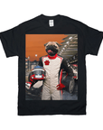 Black Gildan t-shirt featuring a pug in a white F1 racing suit holding a helmet.