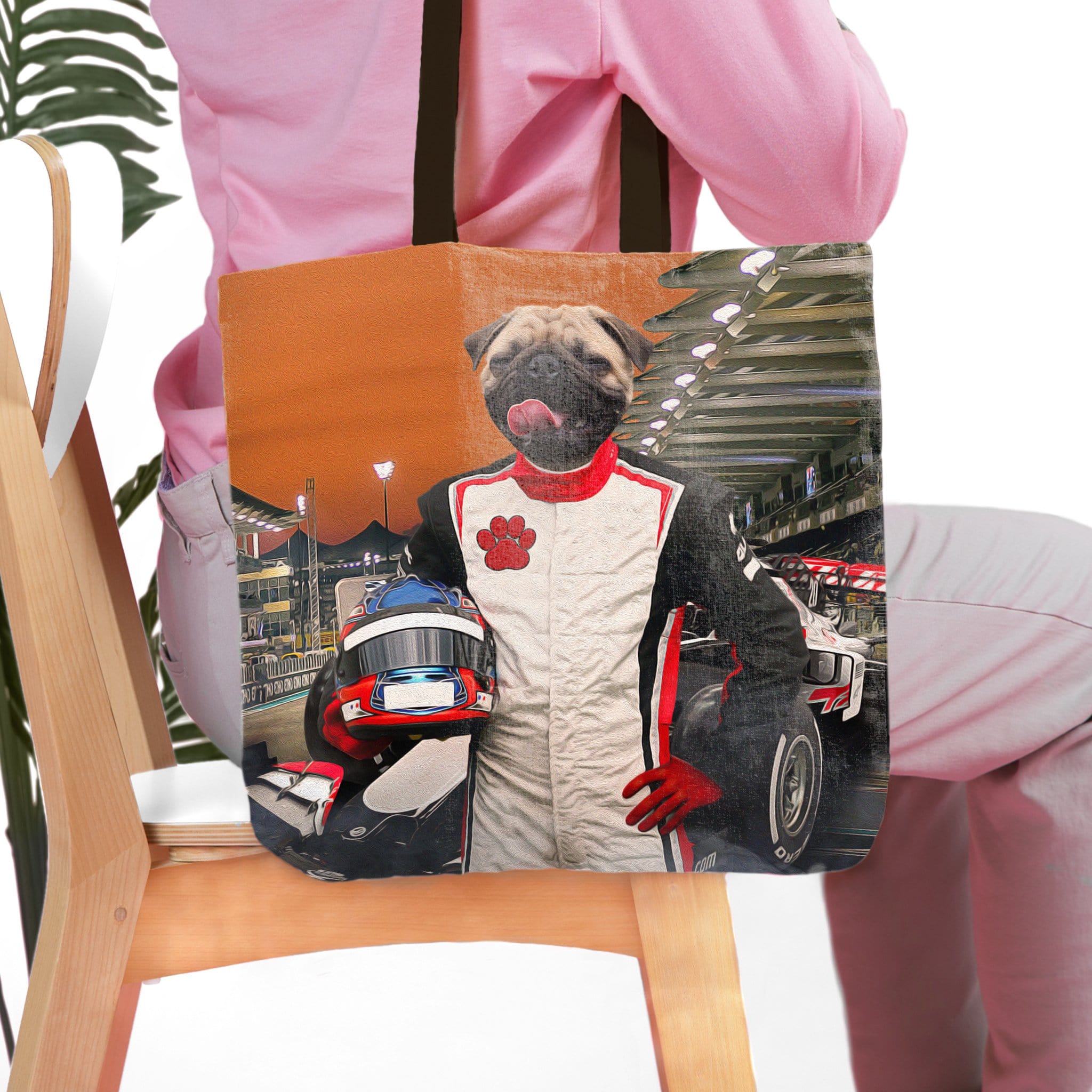 Personalized F1-Paw tote bag with a pug pet portrait in a race car driver suit.