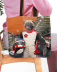 Personalized F1-Paw tote bag with a pug pet portrait in a race car driver suit.