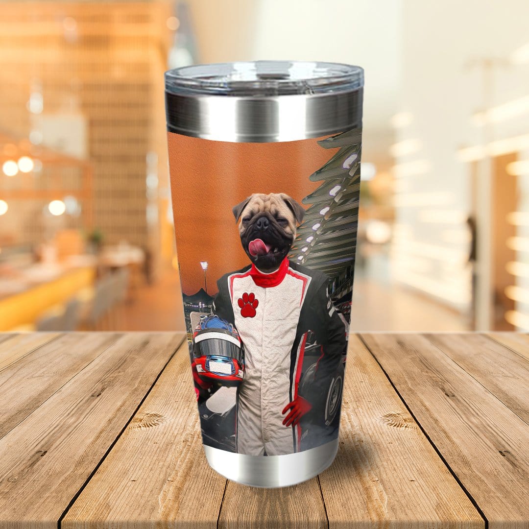 Personalized stainless steel tumbler with a custom pug pet portrait in a race car driver suit.