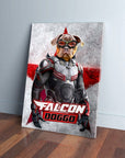 Personalized pet canvas featuring a dog in a superhero suit with "FALCON DOGGO" text, leaning on a wall.