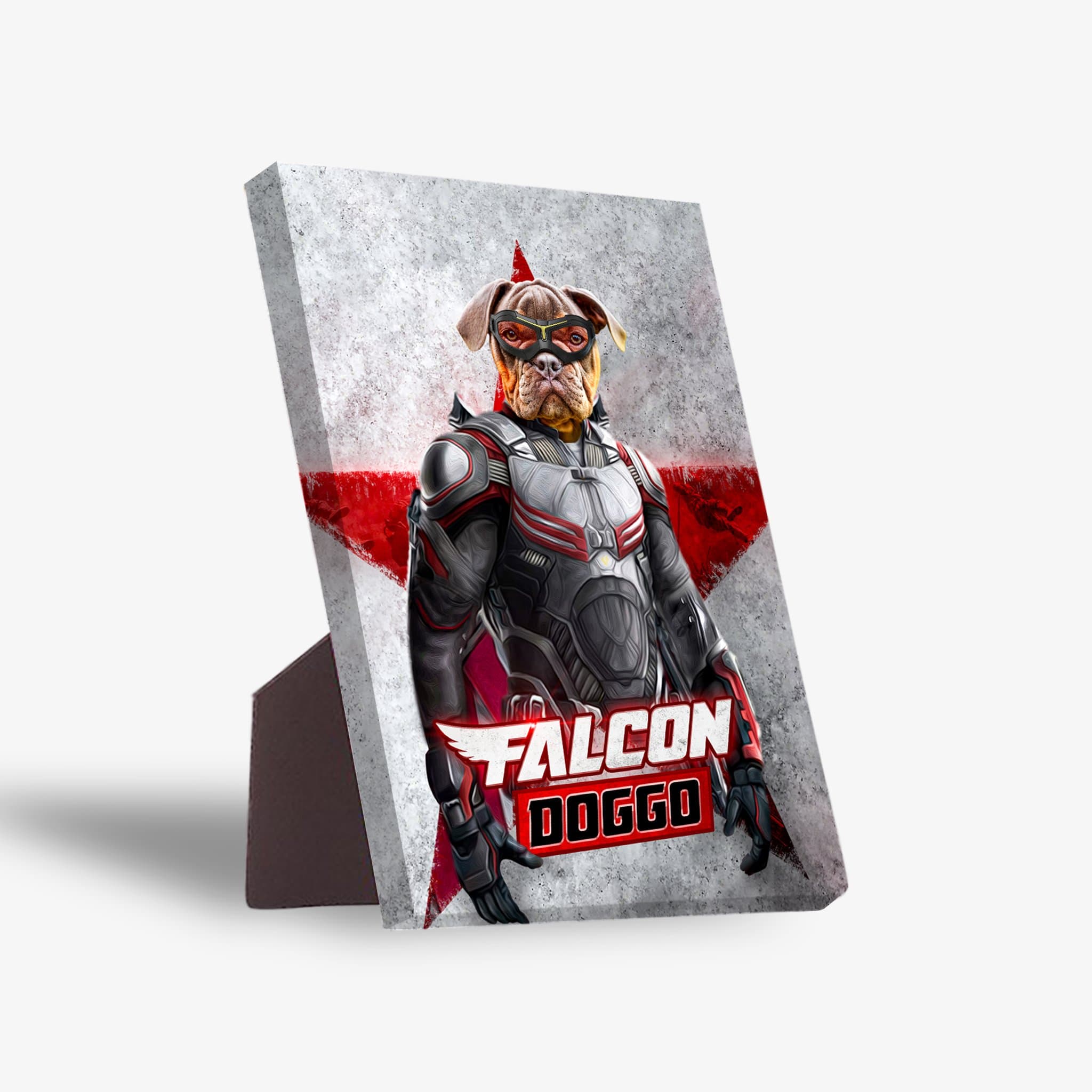 Personalized Falcon Doggo pet standing canvas with a dog in a superhero suit against a red star.
