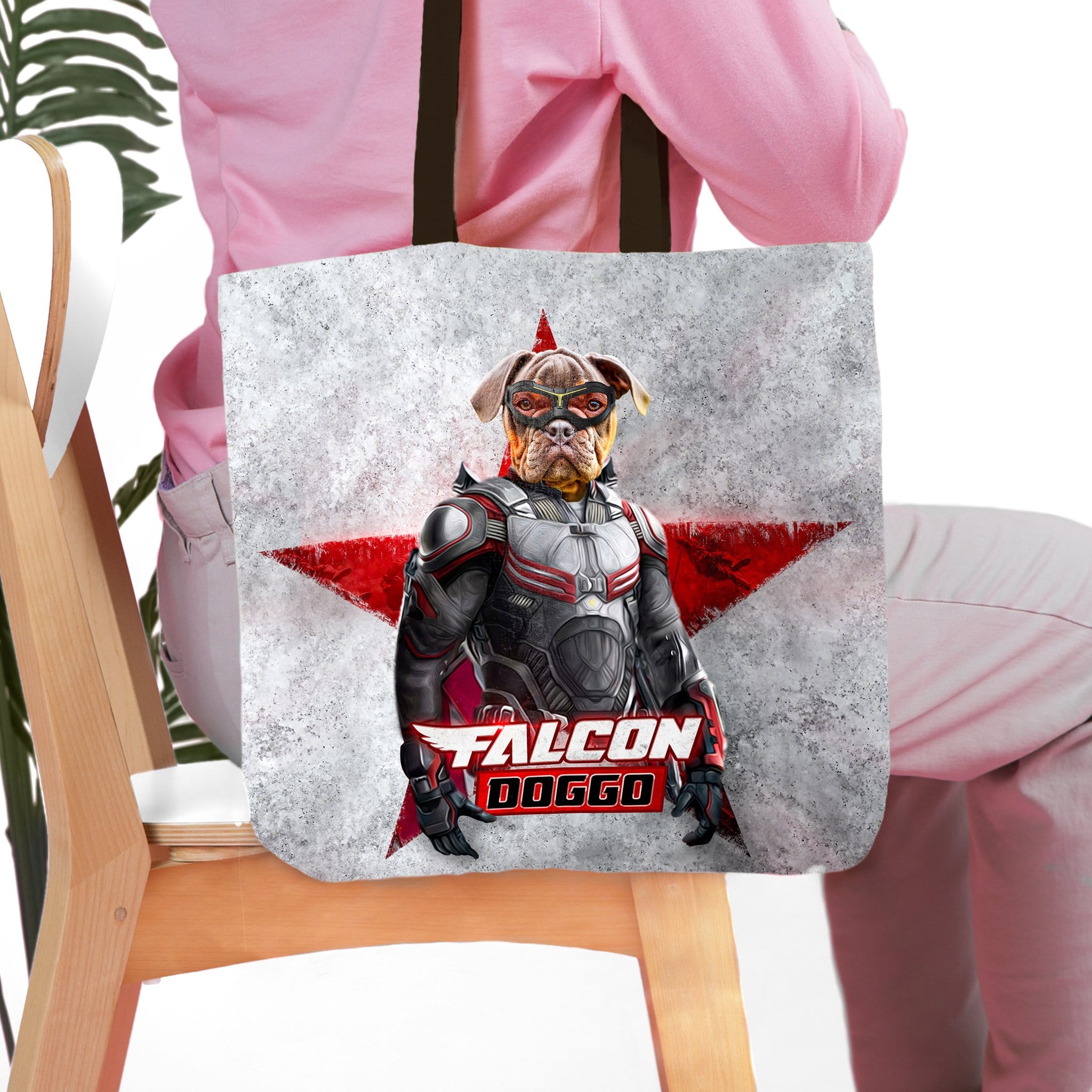 Personalized tote bag with a custom dog portrait in a superhero Falcon costume.