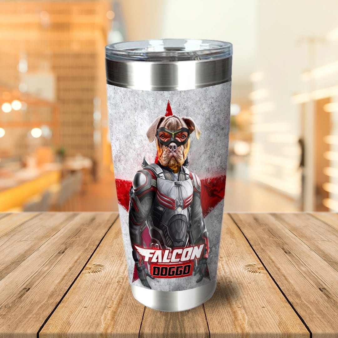 Personalized stainless steel tumbler with a custom "Falcon Doggo" superhero pet portrait.