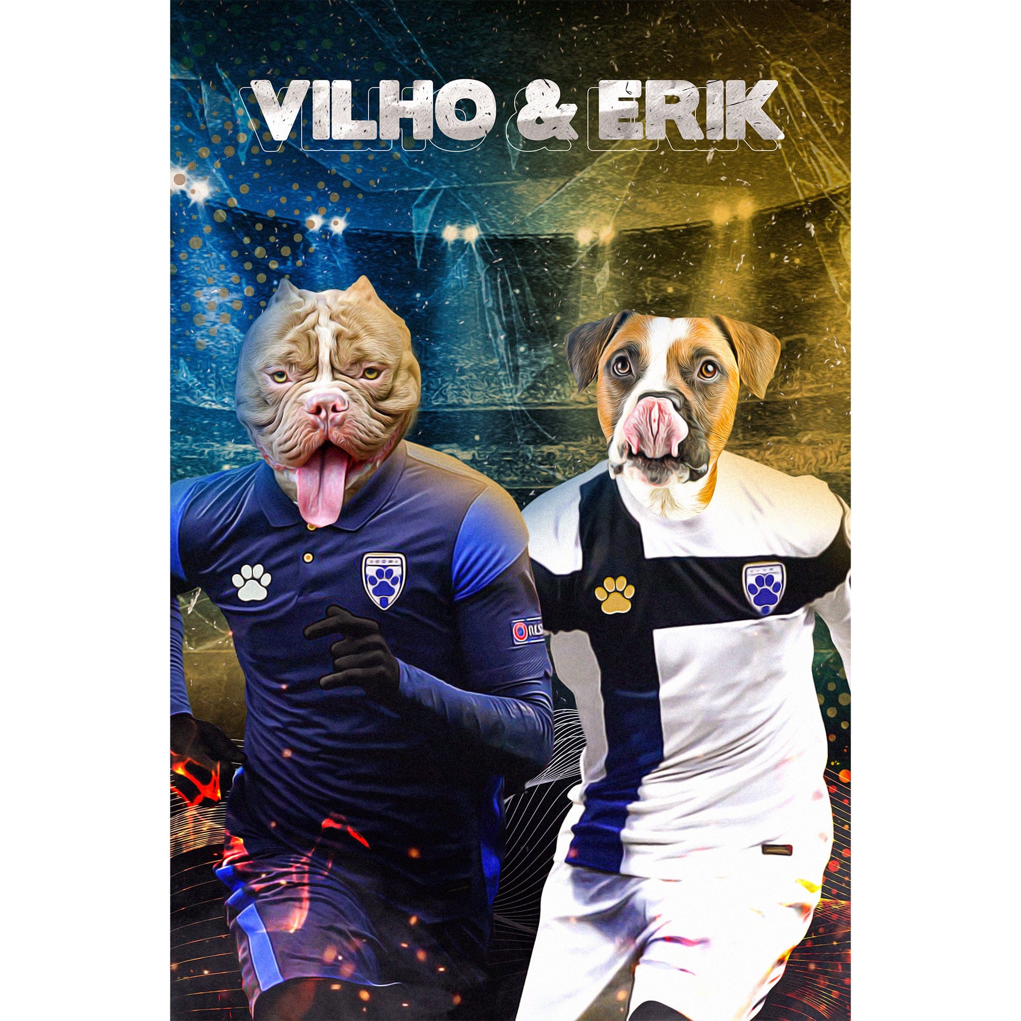 Custom digital portrait of two dogs, a bulldog and a terrier, in soccer uniforms with names Vilho & Erik.